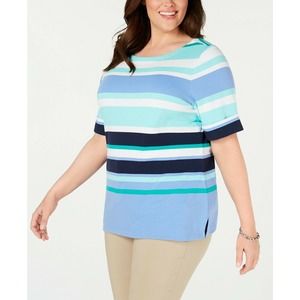 Karen Scott Blue Striped Casual Top Plus 2X D30